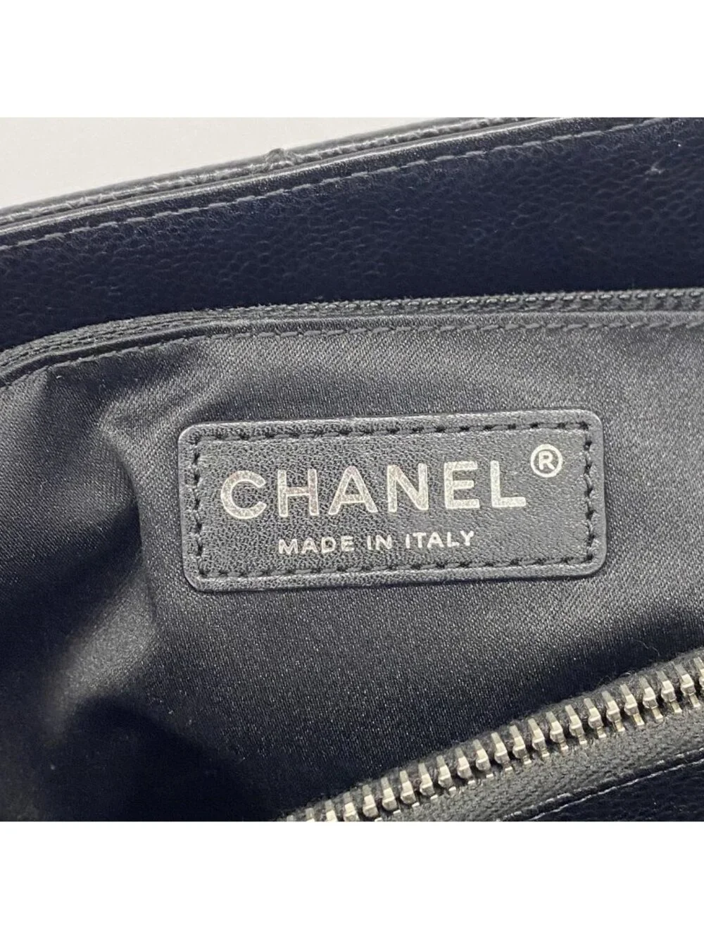 Chanel Chain Tote Bag Quilted Caviar Leather Black Silver